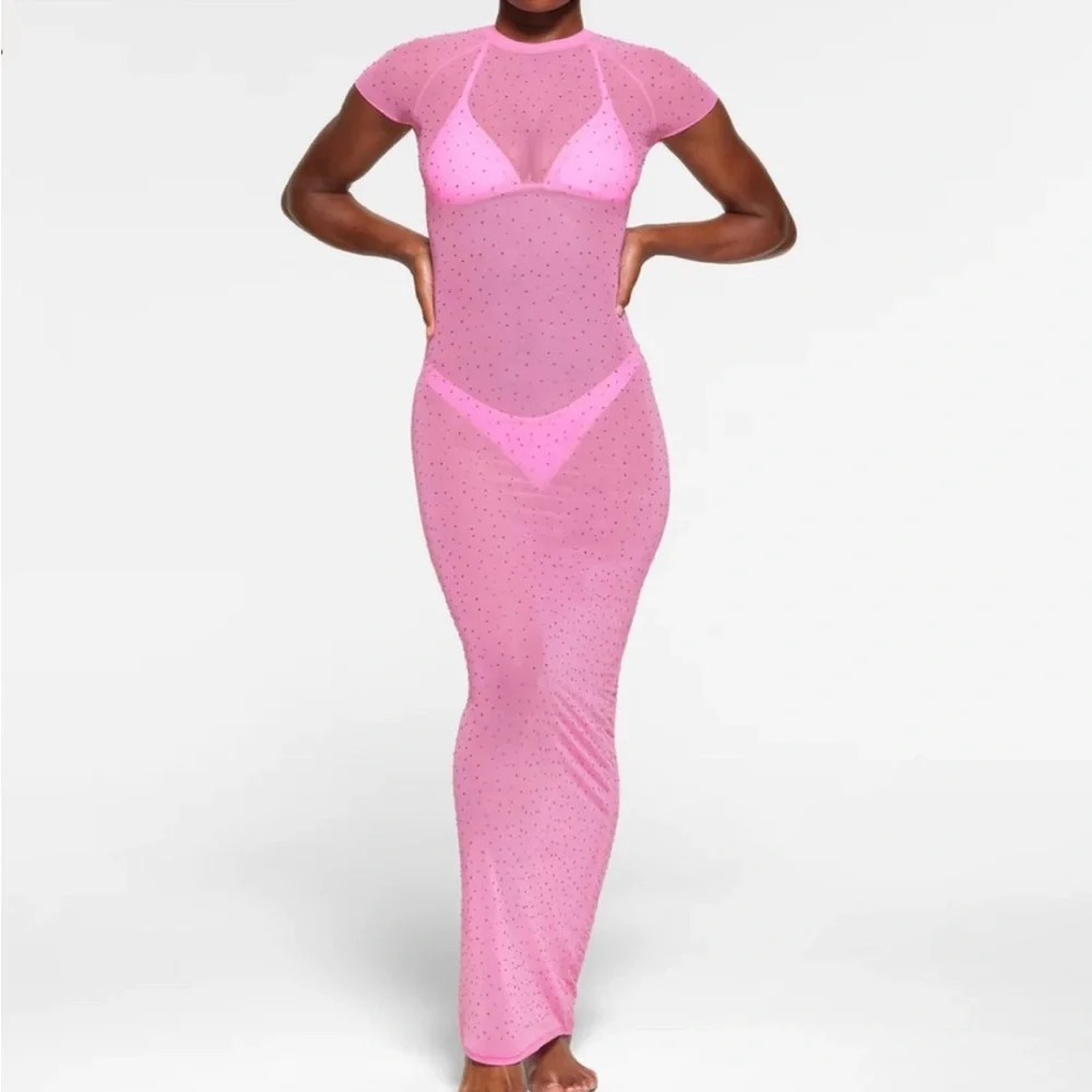 💖SKIMS MESH RHINESTONE SWIM LONG DRESS COVER UP TAFFY XXS - Picture 4 of 8